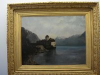 Le Château de Chillon (1874),  sur le Léman, près de Montreux. Un grand classique peint plusieurs fois par Courbet et d'autres  ( E. Lapierre, Pierre Œuvray, Léon Berthoud, etc.).