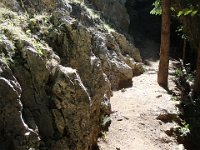 Au pied des rochers,  le chemin est moins ombragé par les arbres, ...