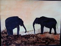 Éléphanteaux (mauvais calibrage de l'appareil photo : le fond de l'aquarelle est beaucoup plus jaune-orange).